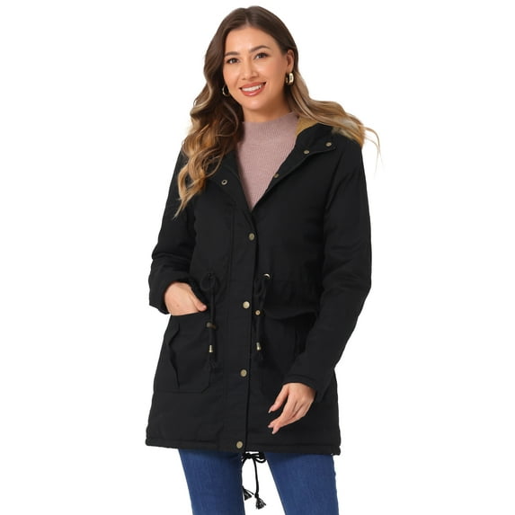 Unique Bargains Women Windproof Winter Parka Puffer Coat with Faux Fur Hood L Black