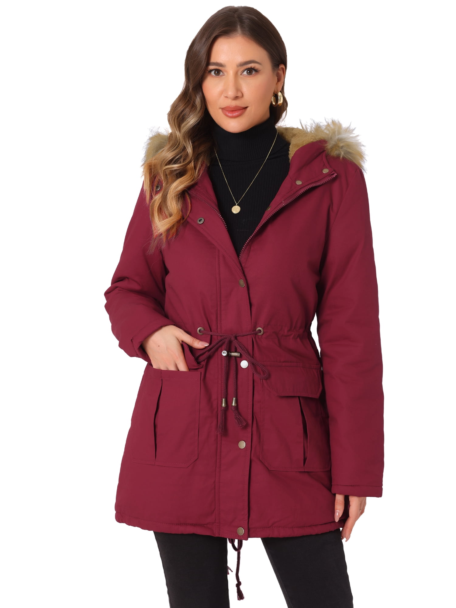Unique Bargains Women Windproof Winter Parka Puffer Coat with Faux Fur Hood L Dark Red