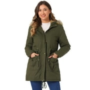 UNIQUE BARGAINS Women Windproof Winter Parka Puffer Coat with Faux Fur Hood S Khaki