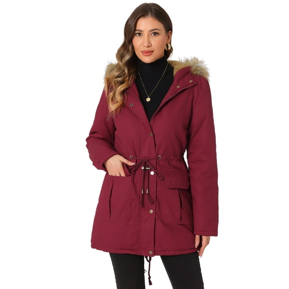 Unique Bargains Women Windproof Winter Parka Puffer Coat with Faux Fur Hood M Dark Red