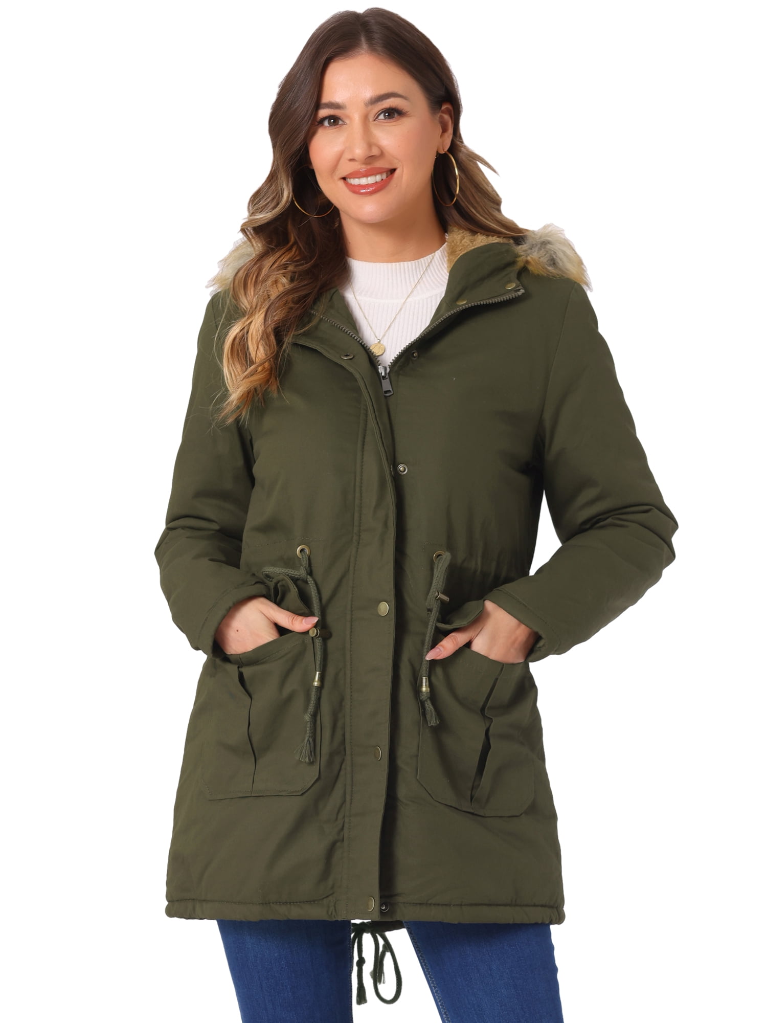 Unique Bargains Women Windproof Winter Parka Puffer Coat with Faux Fur Hood S Army Green
