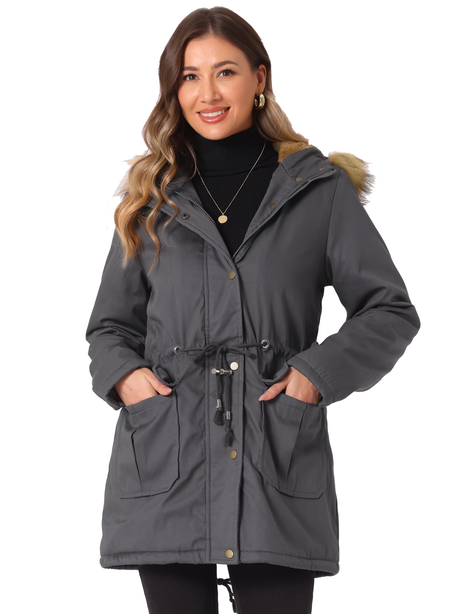 Unique Bargains Women Windproof Winter Parka Puffer Coat with Faux Fur Hood S Gray