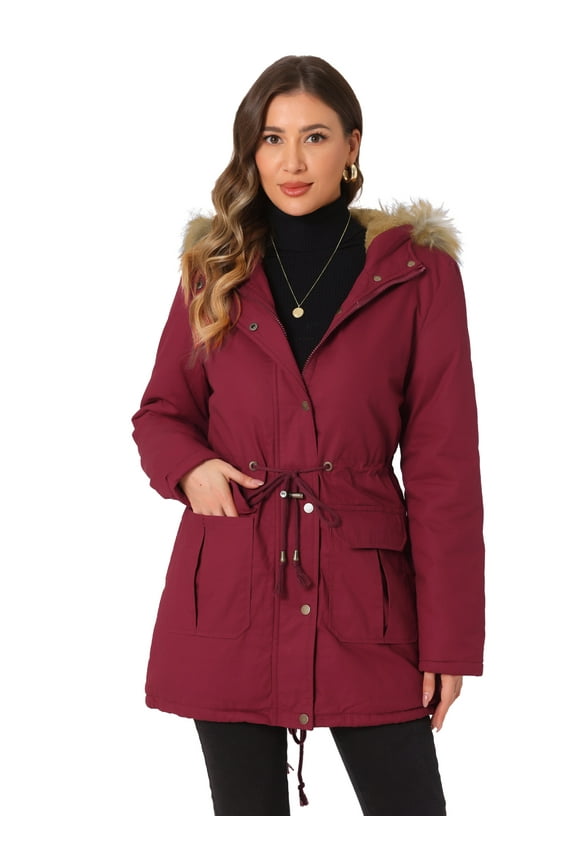 Women Windproof Winter Parka Puffer Coat with Faux Fur Hood XL Dark Red