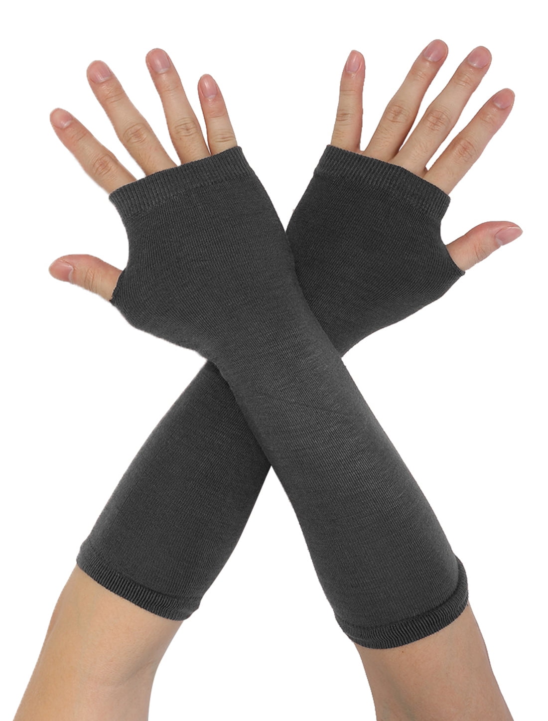 Unique Bargains Women Winter Stripes Heart Print Fingerless Thumbhole Elastic Long Gloves One Size Gray