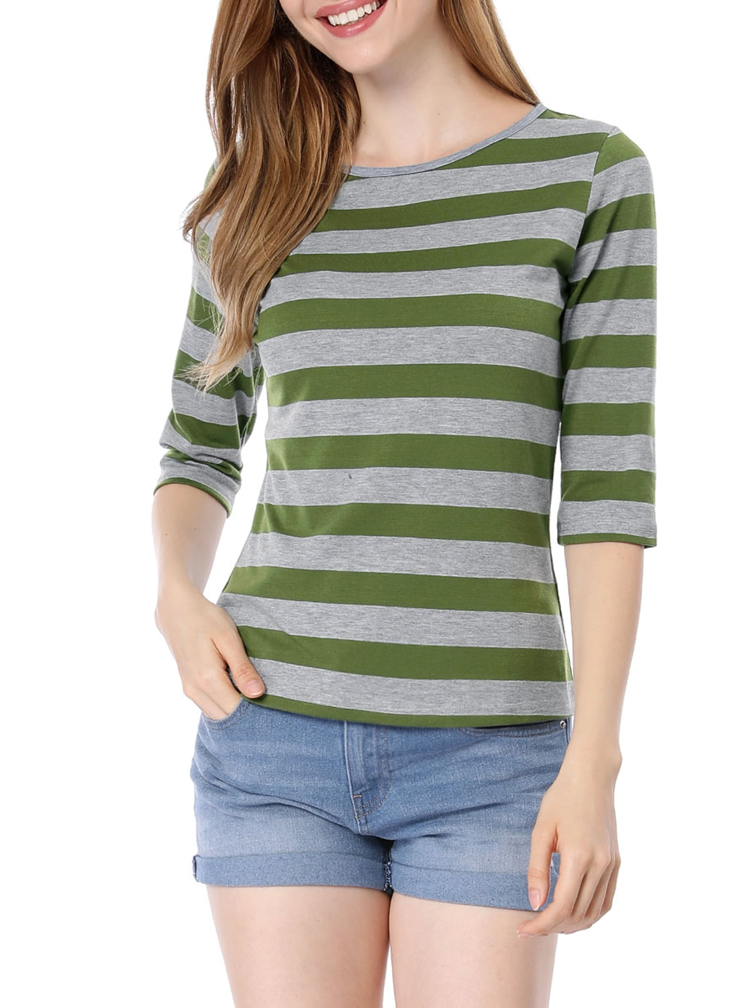 Unique Bargains Women's 1/2 Sleeves Round Neck Contrast Color Stripes T- shirt
