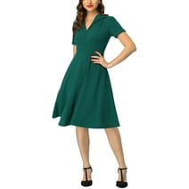 Unique Bargains Women's 1950s Retro Vintage Short Sleeve V Neck A-Line Swing Dresses L Dark Green