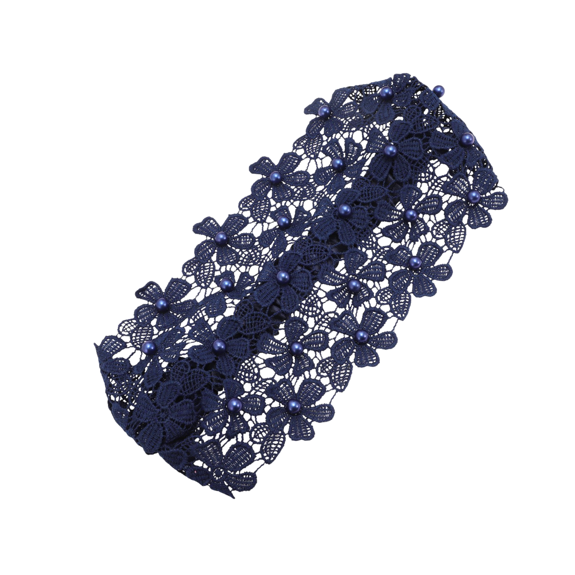 Unique Bargains 1pc Fashion Faux Pearl Floral Wide Headwrap 9.45"x5.12" Navy Blue