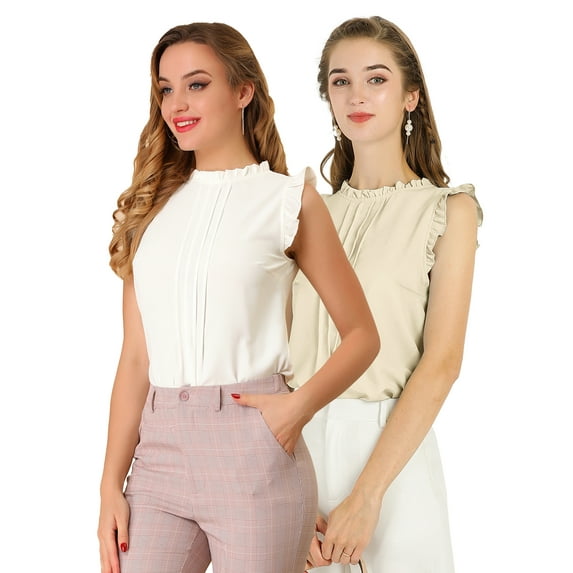Unique Bargains Women's 2 Packs Ruffled Crew Neck Office Sleeveless Work Blouses Top White/Beige L