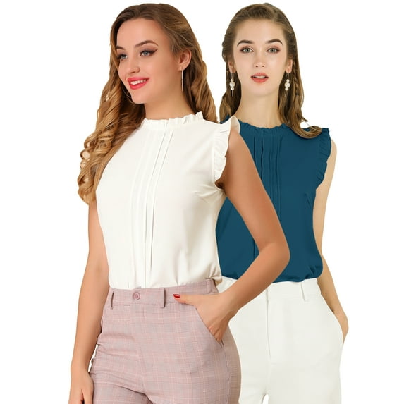 Unique Bargains Women's 2 Packs Ruffled Crew Neck Office Sleeveless Work Blouses Top White/Blue Green M