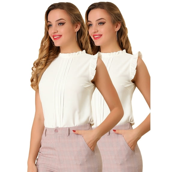 Unique Bargains Women's 2 Packs Ruffled Crew Neck Office Sleeveless Work Blouses Top White L