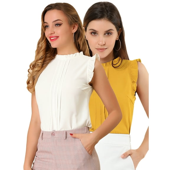 Unique Bargains Women's 2 Packs Ruffled Crew Neck Office Sleeveless Work Blouses Top White/Yellow M