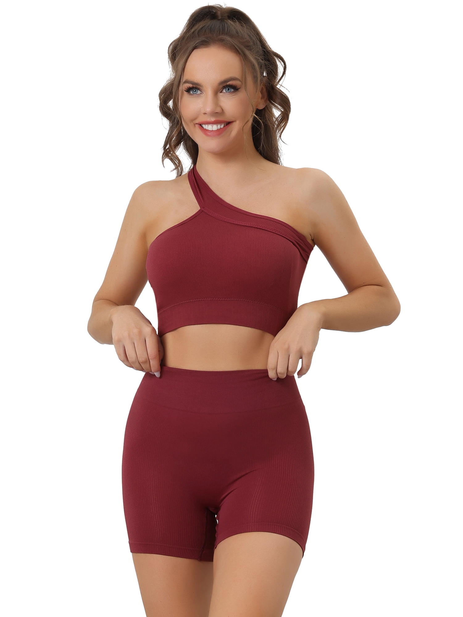 Unique Bargains Women's 2 Piece Workout Sets Ribbed Exercise Crop Tank