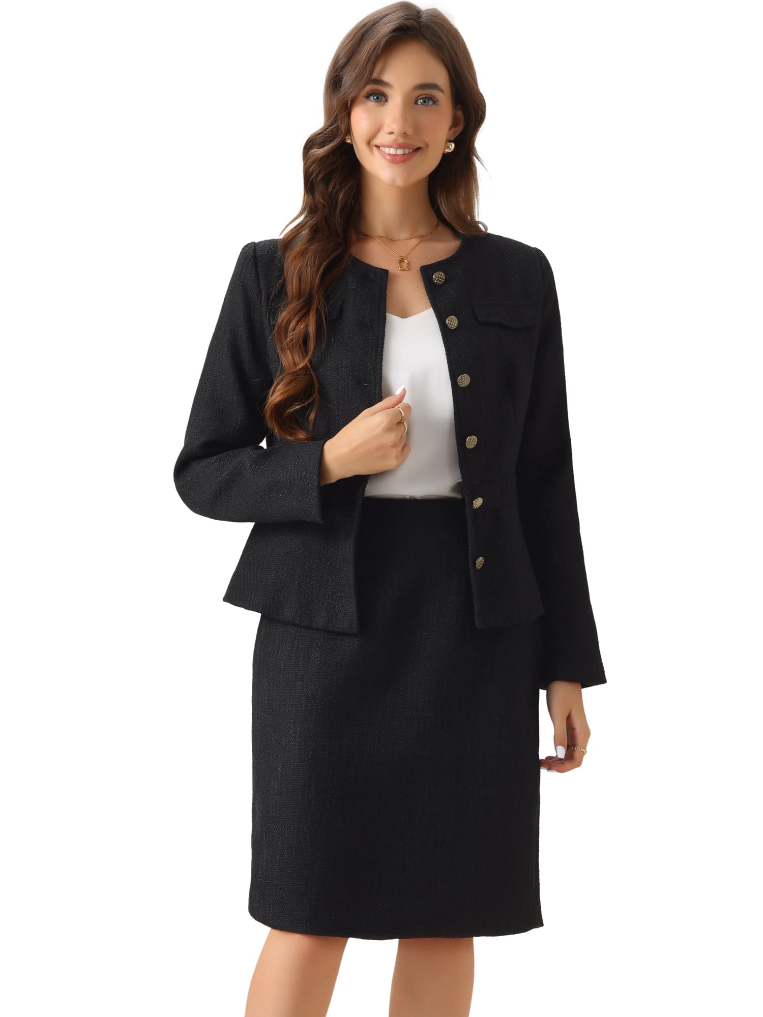 DARING DIVA 2Pcs Women's Tweed Peplum Collarless Blazer Jacket Skirt Set S Black