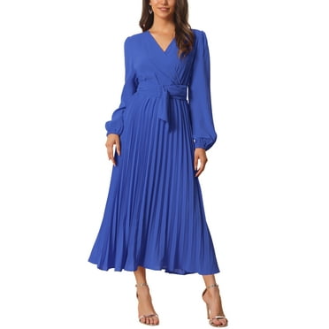 Unique Bargains Women's 2023 Long Puff Sleeve Flowy Ruffle Pleated Dress with Belt