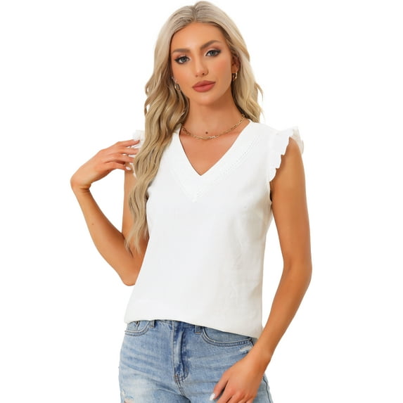 Unique Bargains Women's 2024 Elegant V Neck Ruffle Shirts Sleeveless Top L White