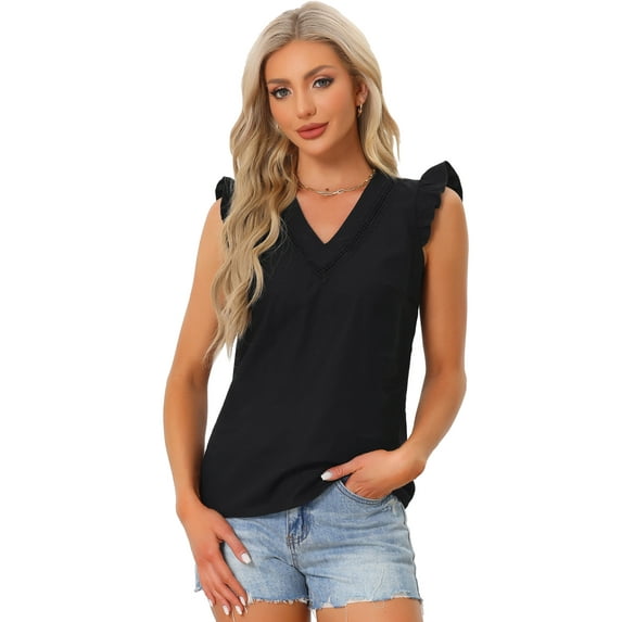 Unique Bargains Women's 2024 Elegant V Neck Ruffle Shirts Sleeveless Top XL Black