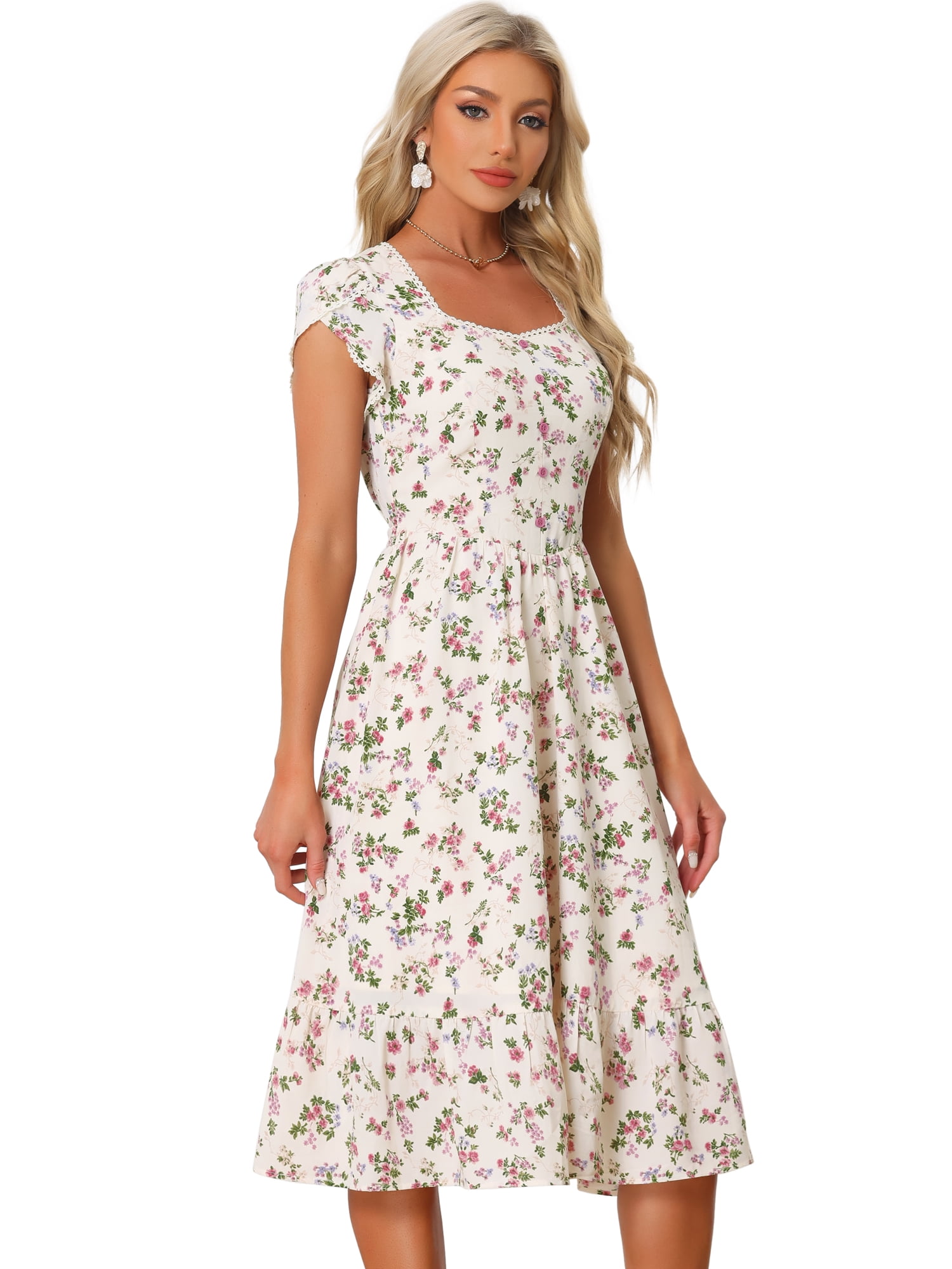 Unique Bargains Women's 2024 Summer V Neck Boho Floral Print Midi Long Dresses L Floral Pink Purple