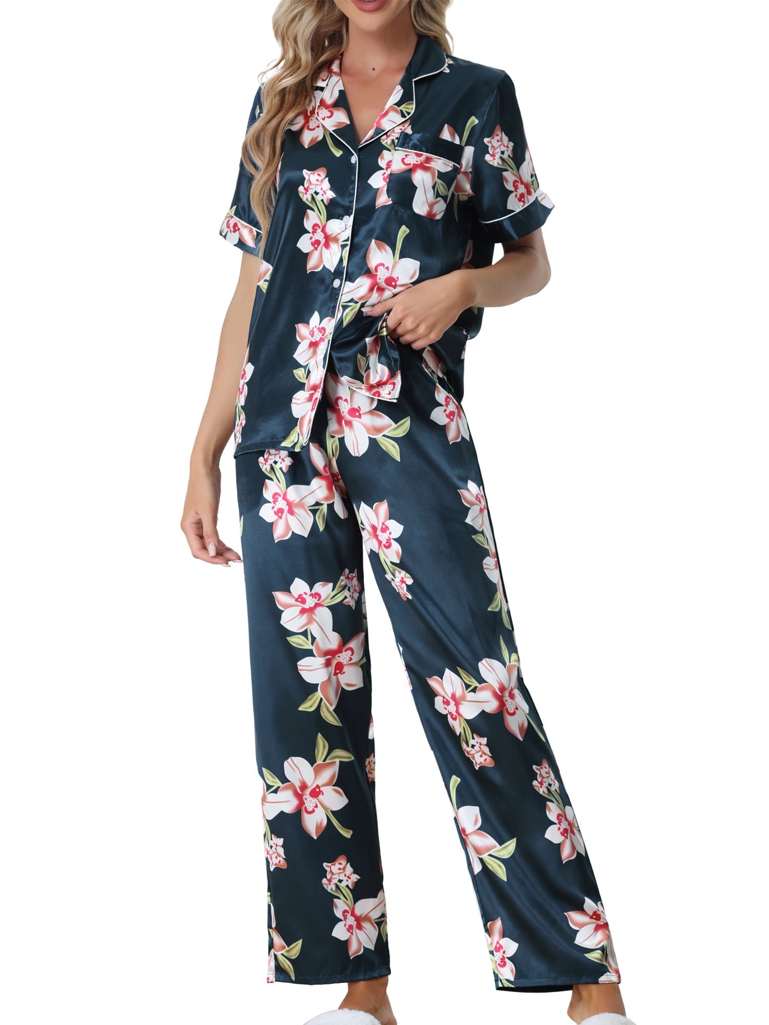 Unique Bargains Women's 2pcs Floral Button Down Pajama Set Nightwear Sleepwear Sets
