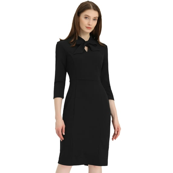 Unique Bargains Women's 3/4 Sleeve Knee Length Midi Work Bodycon Dress S Black