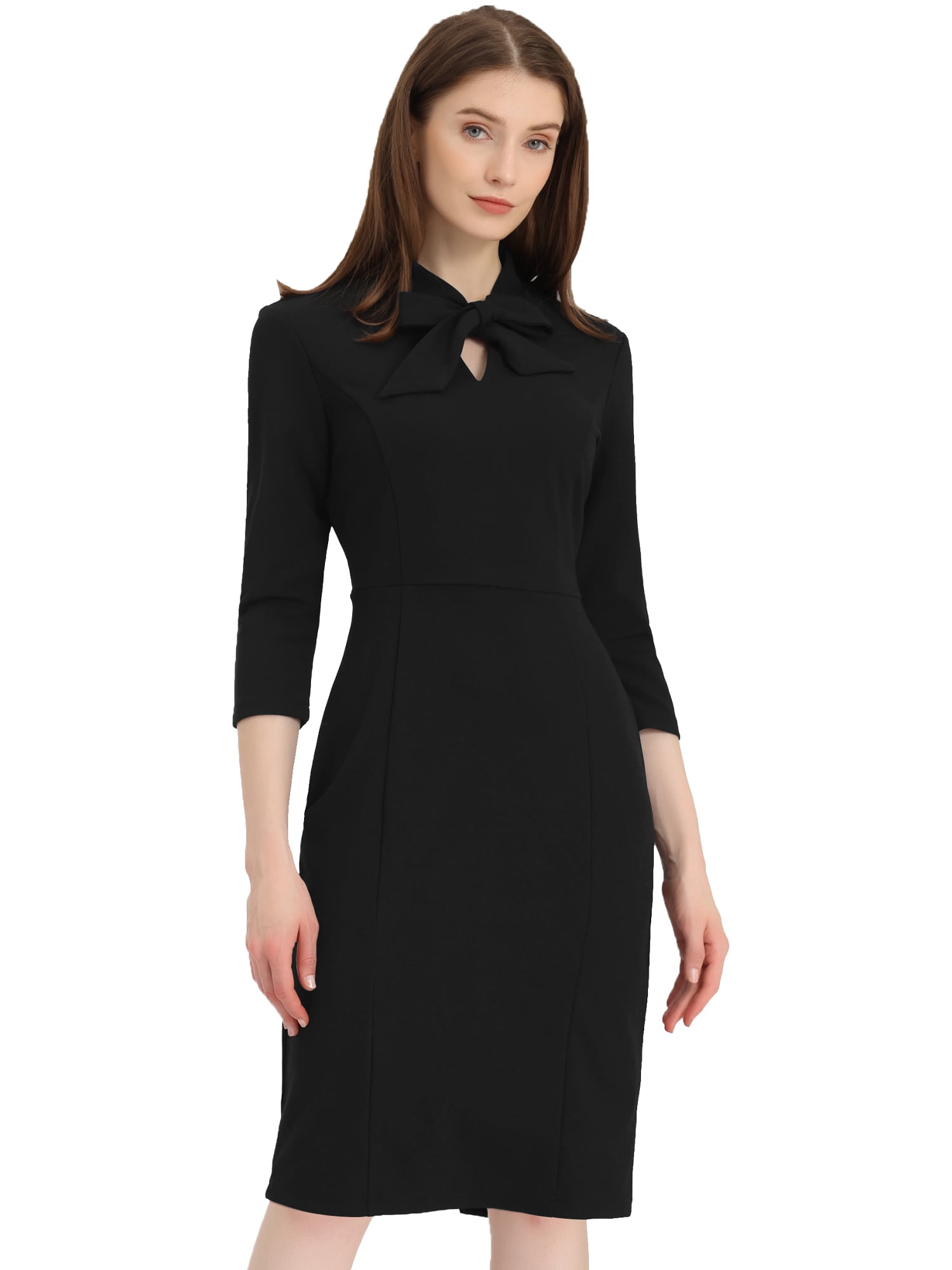 Unique Bargains Women's 3/4 Sleeve Knee Length Midi Work Bodycon Dress XL Black