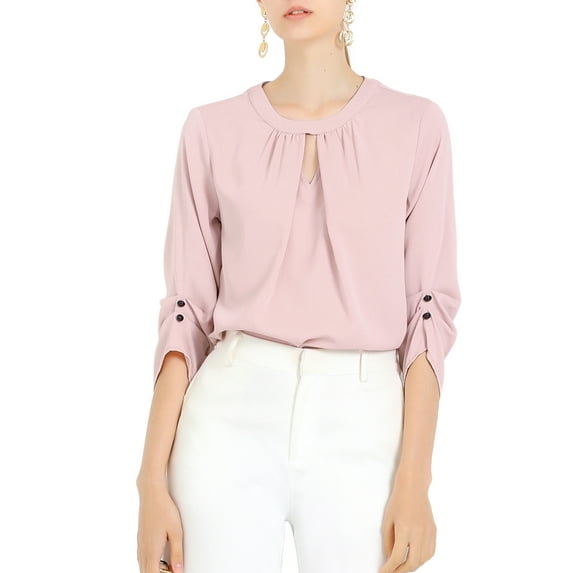 Unique Bargains Women's 3/4 Sleeve Round Neck Keyhole Pleated Shirred Work Top L Pink