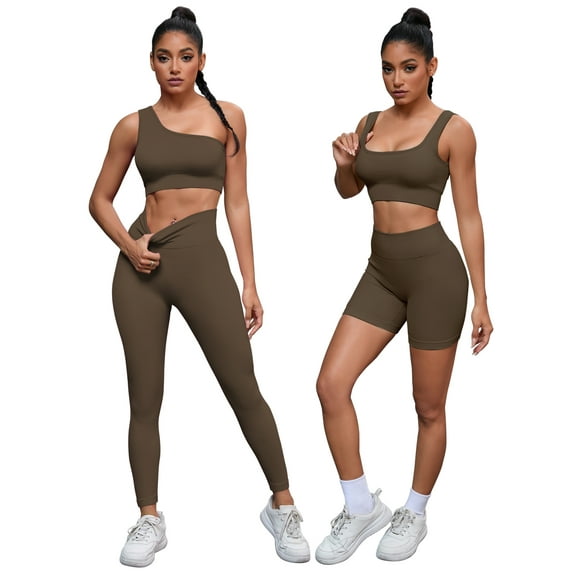 Unique Bargains Women's 4 Piece High Waist Shorts Gyms Pilates Sets Sports Bras M Brown