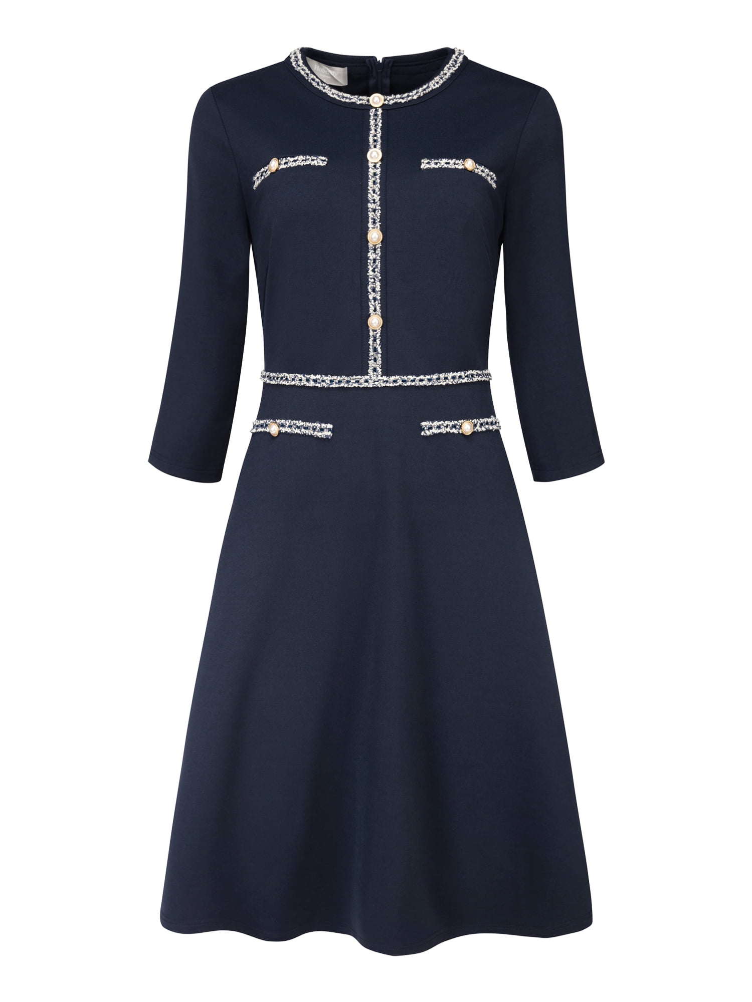 DARING DIVA Women's A-Line Contrast Color Tweed Trim Dress 2XL Navy Blue