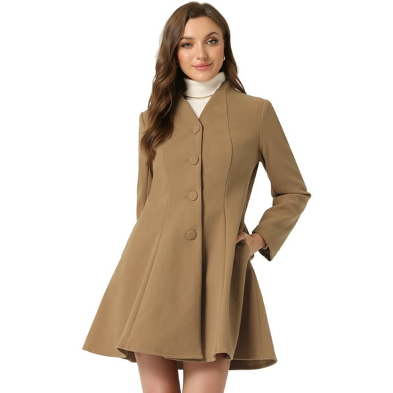 DARING DIVA Women's A-Line Long Sleeve Single Breasted Peplum Hem Long Coat Brown L