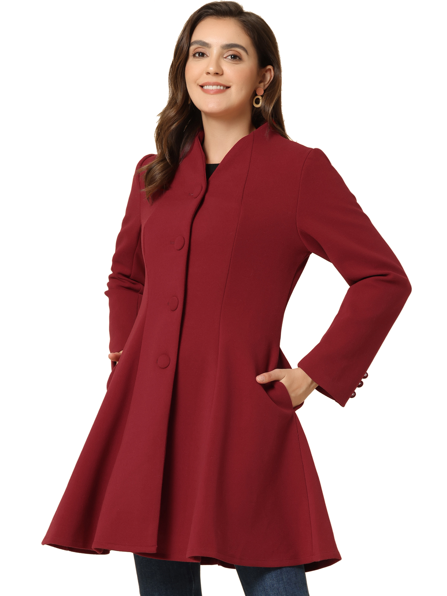 DARING DIVA Women's A-Line Long Sleeve Single Breasted Peplum Hem Long Coat Dark Red XL