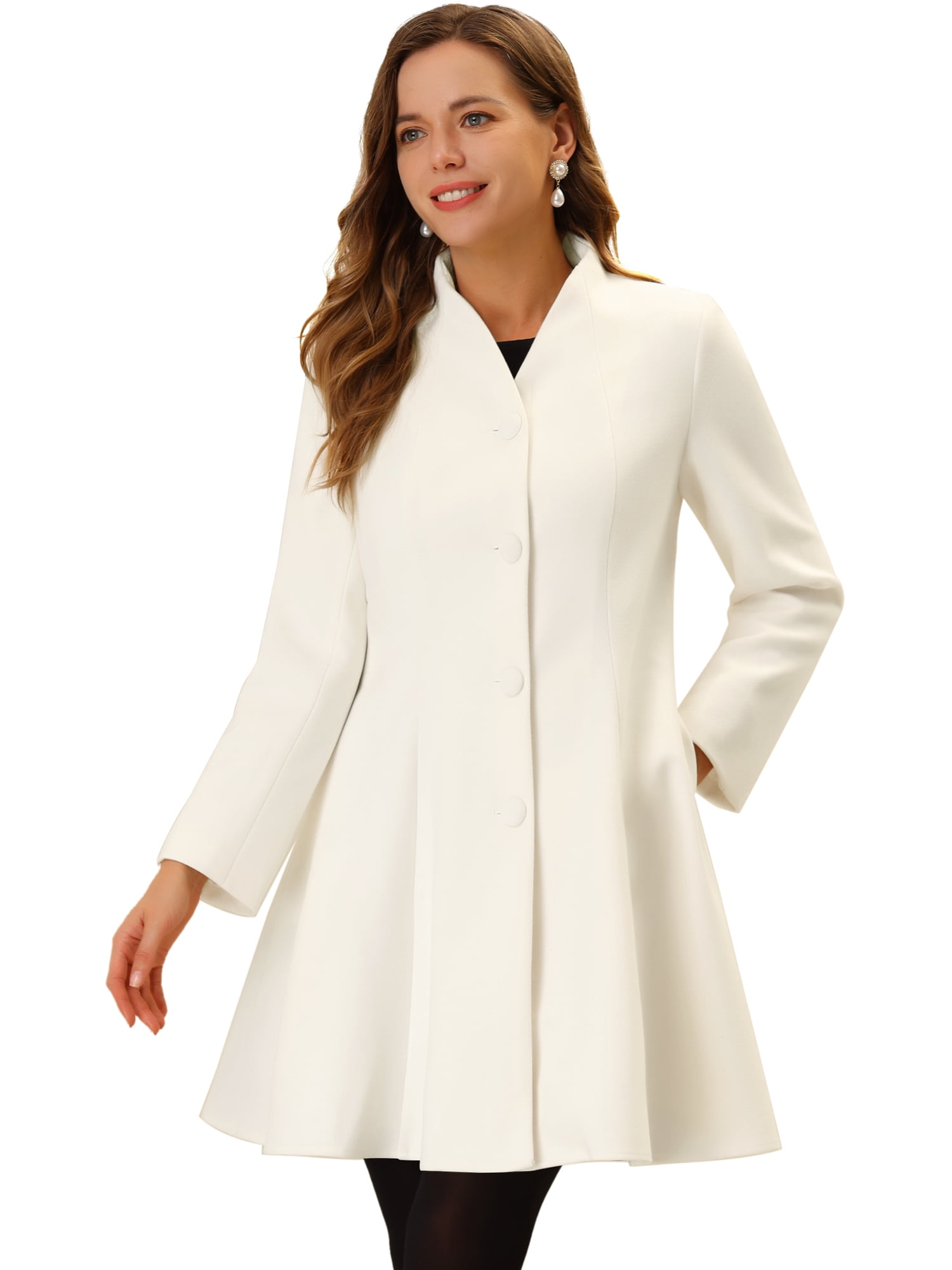 DARING DIVA Women's A-Line Long Sleeve Single Breasted Peplum Hem Long Coat White XS