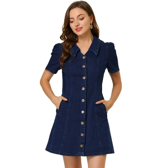 Unique Bargains Women's A Line Turn down Collar Vertical Pocket Denim Dress L Dark Blue