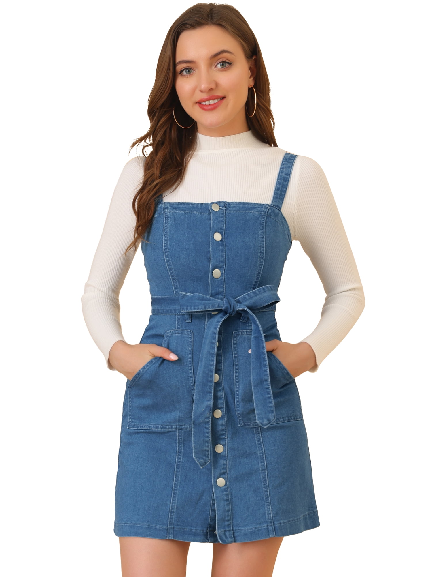 Unique Bargains Women's Adjustable Strap Tie Waist A-Line Denim Dress