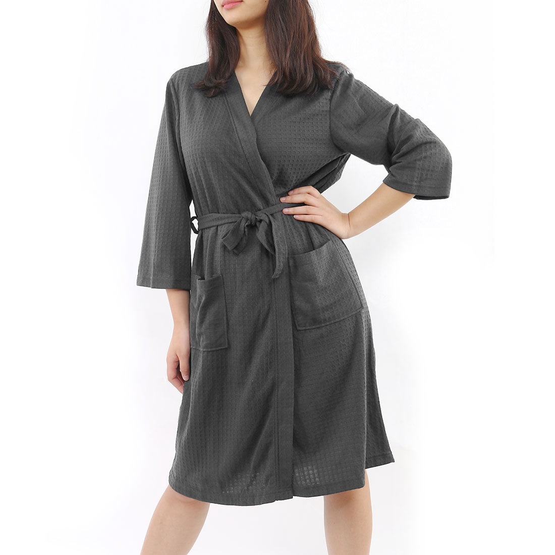 Unique Bargains Women's Bathrode Knee Length Knit Waffle Spa Robe XL Gray