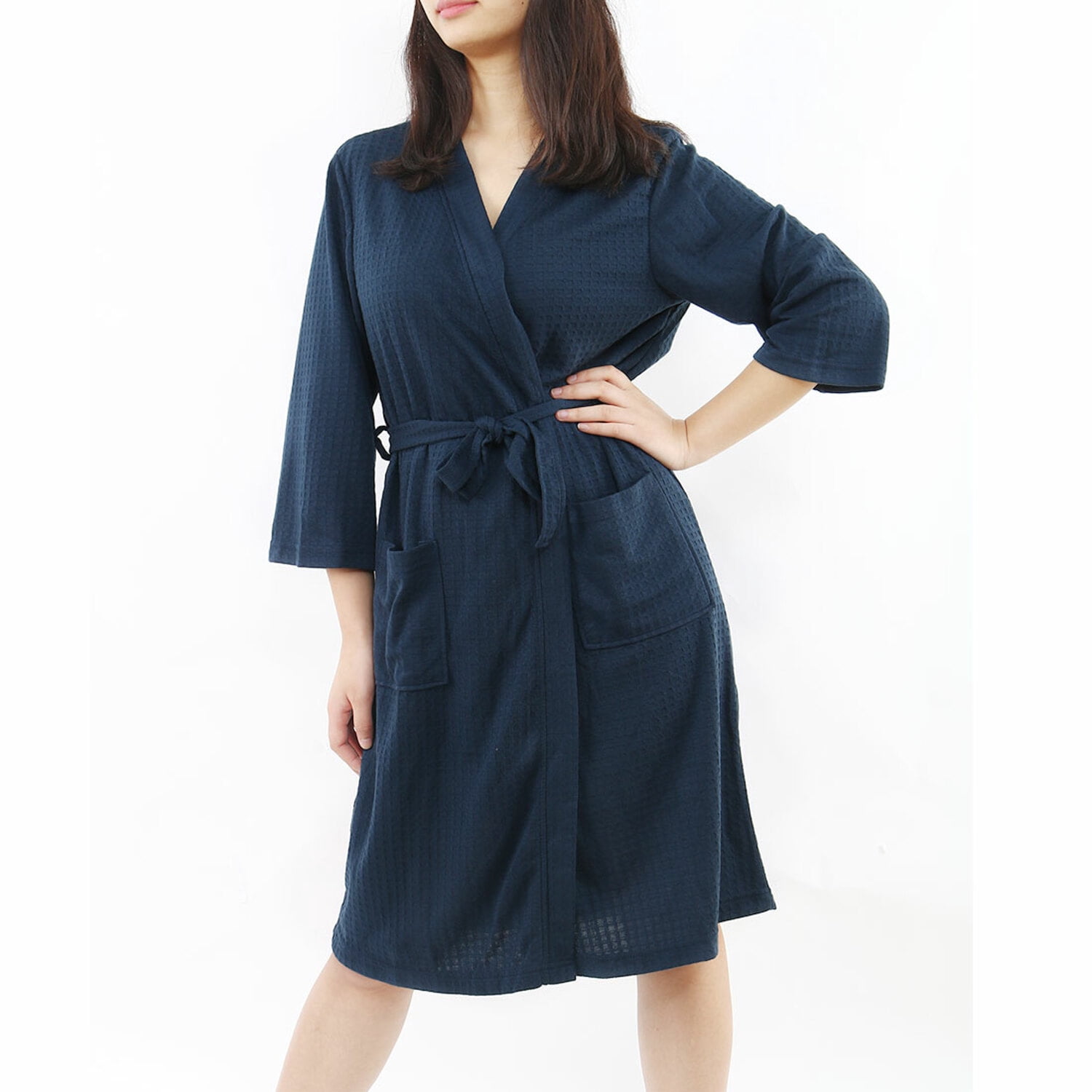 Unique Bargains Women's Bathrode Knee Length Knit Waffle Spa Robe XL Navy Blue