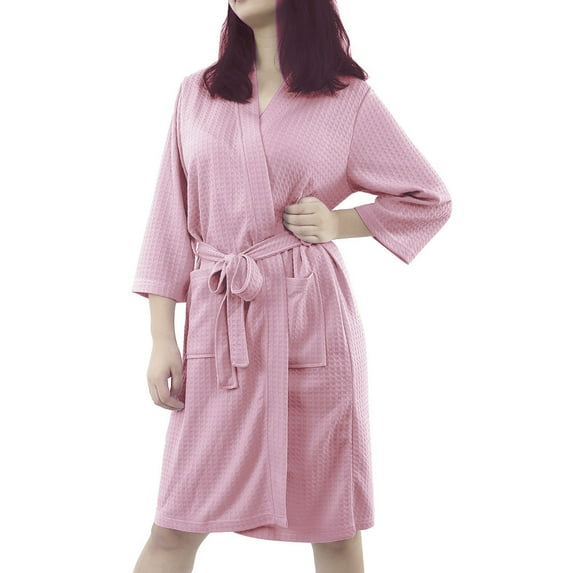 Unique Bargains Women's Bathrode Knee Length Knit Waffle Spa Robe XL Pink