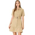 thumbnail image 1 of Unique Bargains Women's Belted Ruffled Hem Button-Down Cotton Safari Shirt Dress L Khaki, 1 of 6