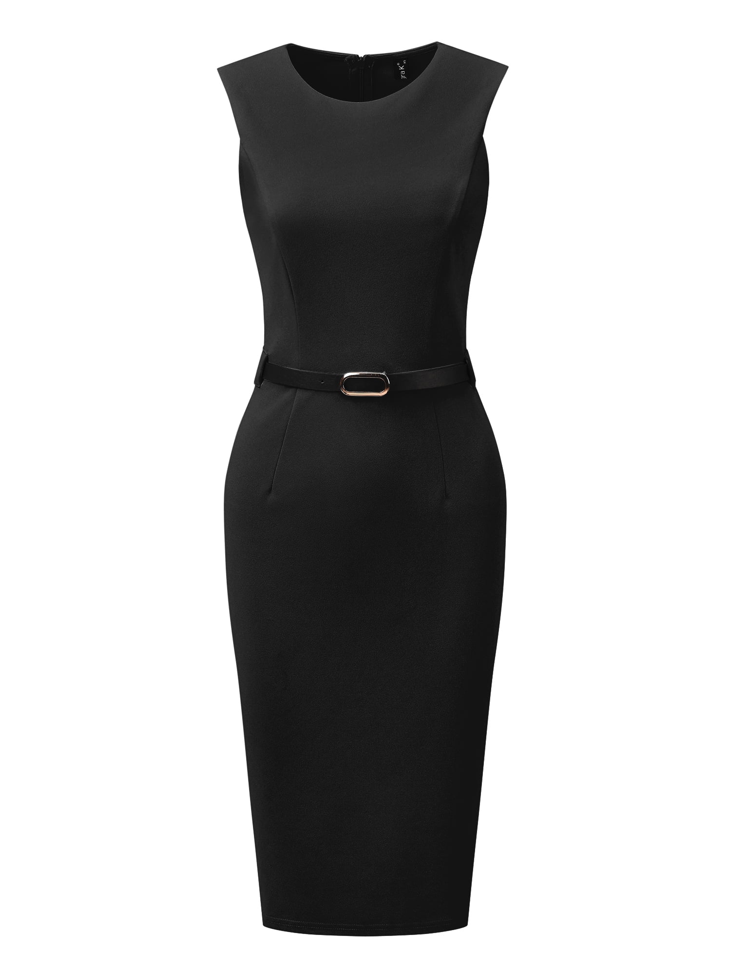 Unique Bargains Women's Belted Sheath Round Neck Sleeveless Dresses L Black