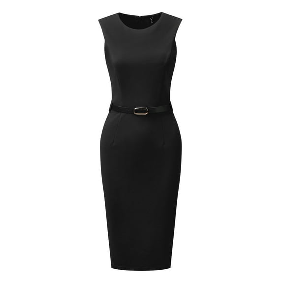 Unique Bargains Women's Belted Sheath Round Neck Sleeveless Dresses M Black