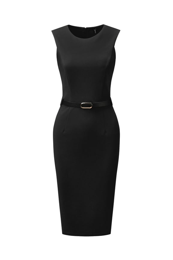 Unique Bargains Women's Belted Sheath Round Neck Sleeveless Dresses XS Black