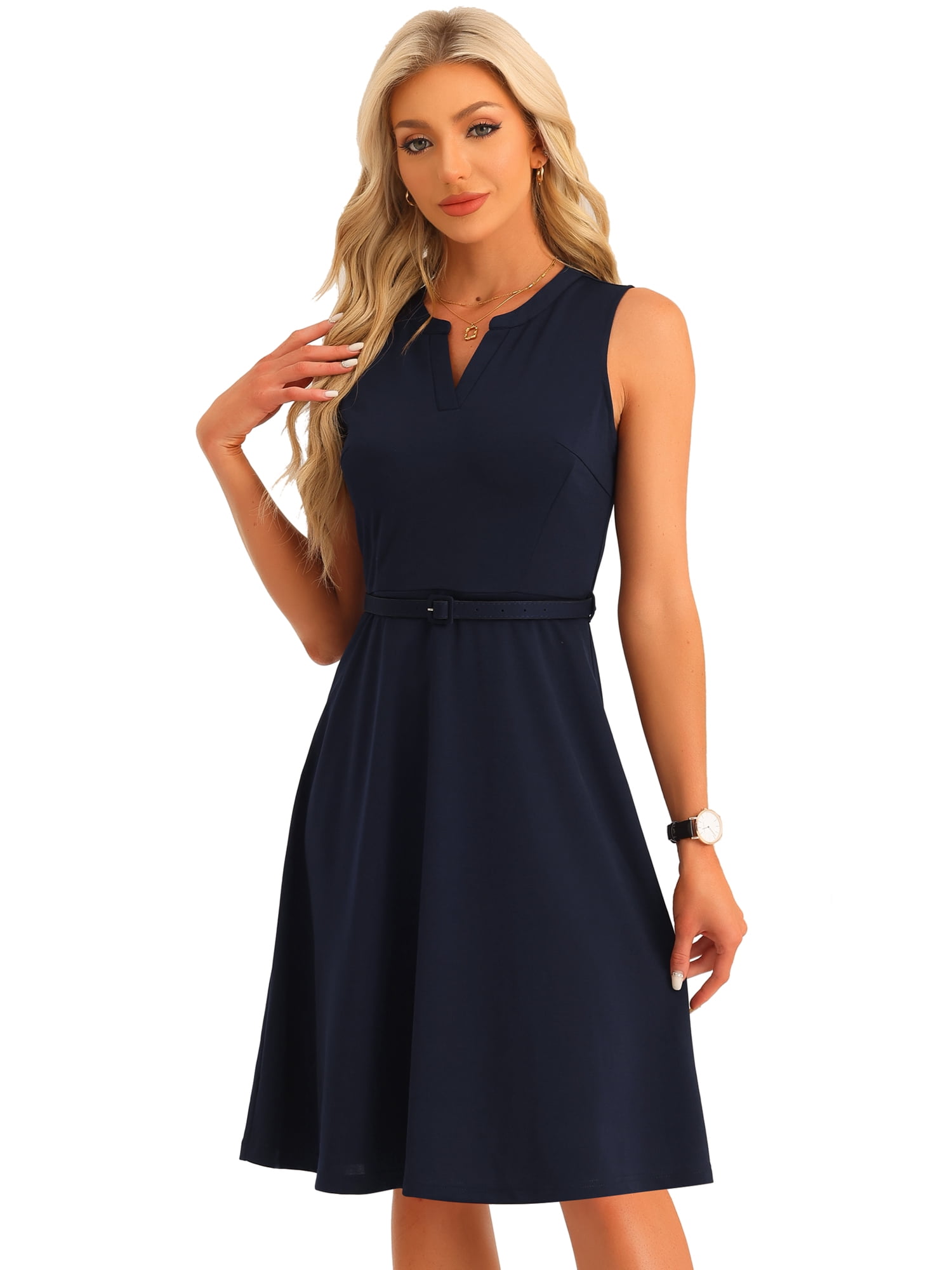 Unique Bargains Women's Belted Waist V Neck Sleeveless Work Dress XL Navy Blue