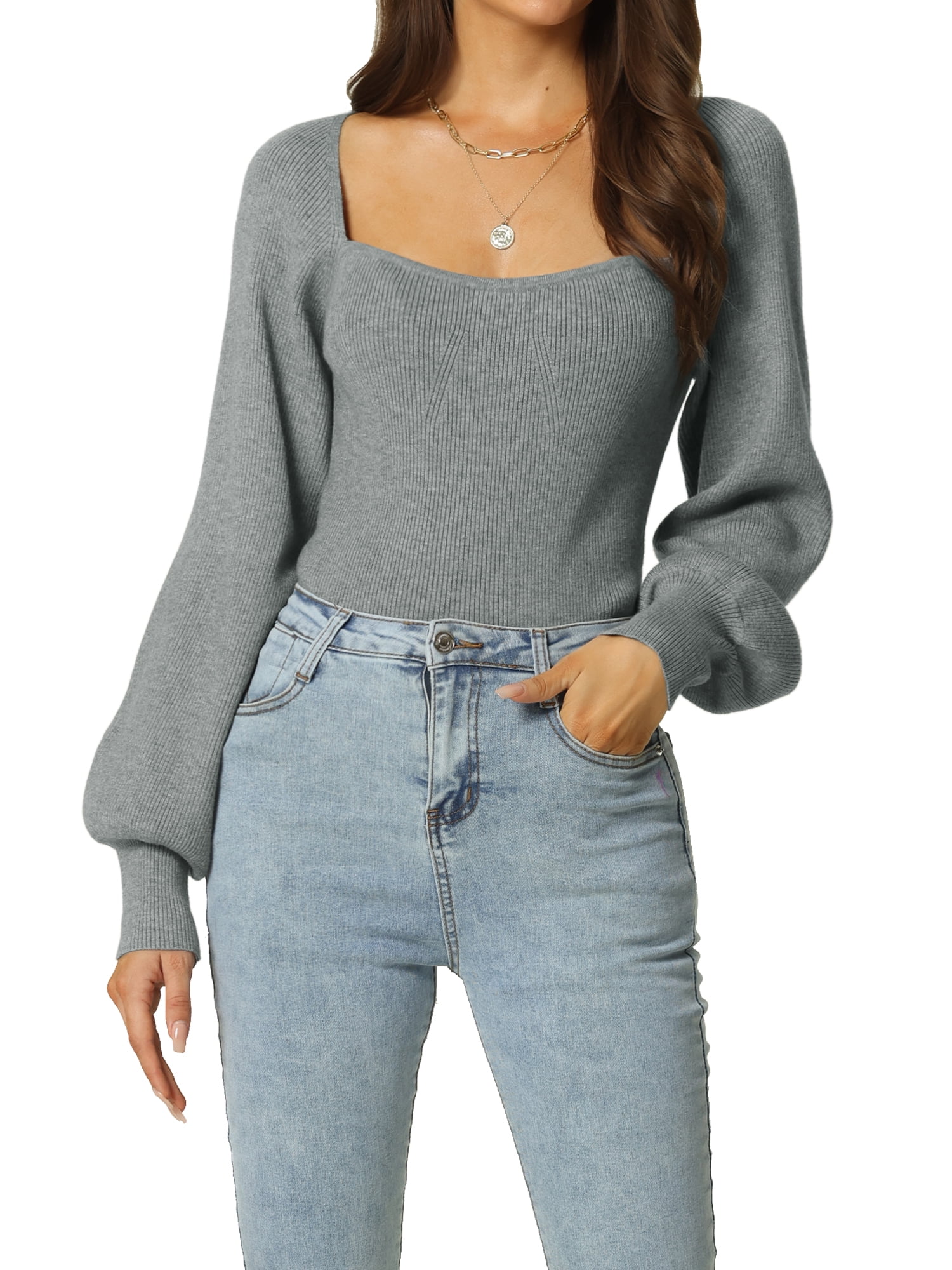 DARING DIVA Square Neck Ribbed Knit Pullover Sweater Top S Gray