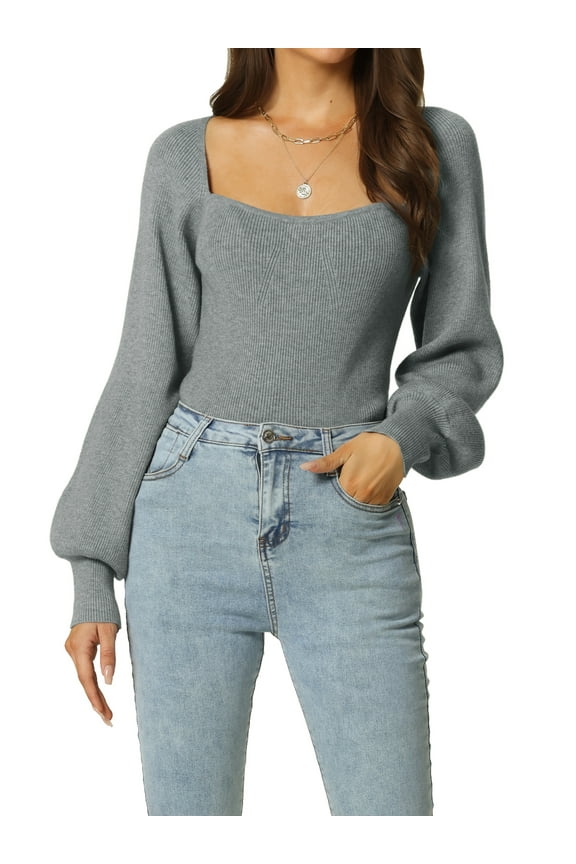 DARING DIVA Square Neck Ribbed Knit Pullover Sweater Top S Gray