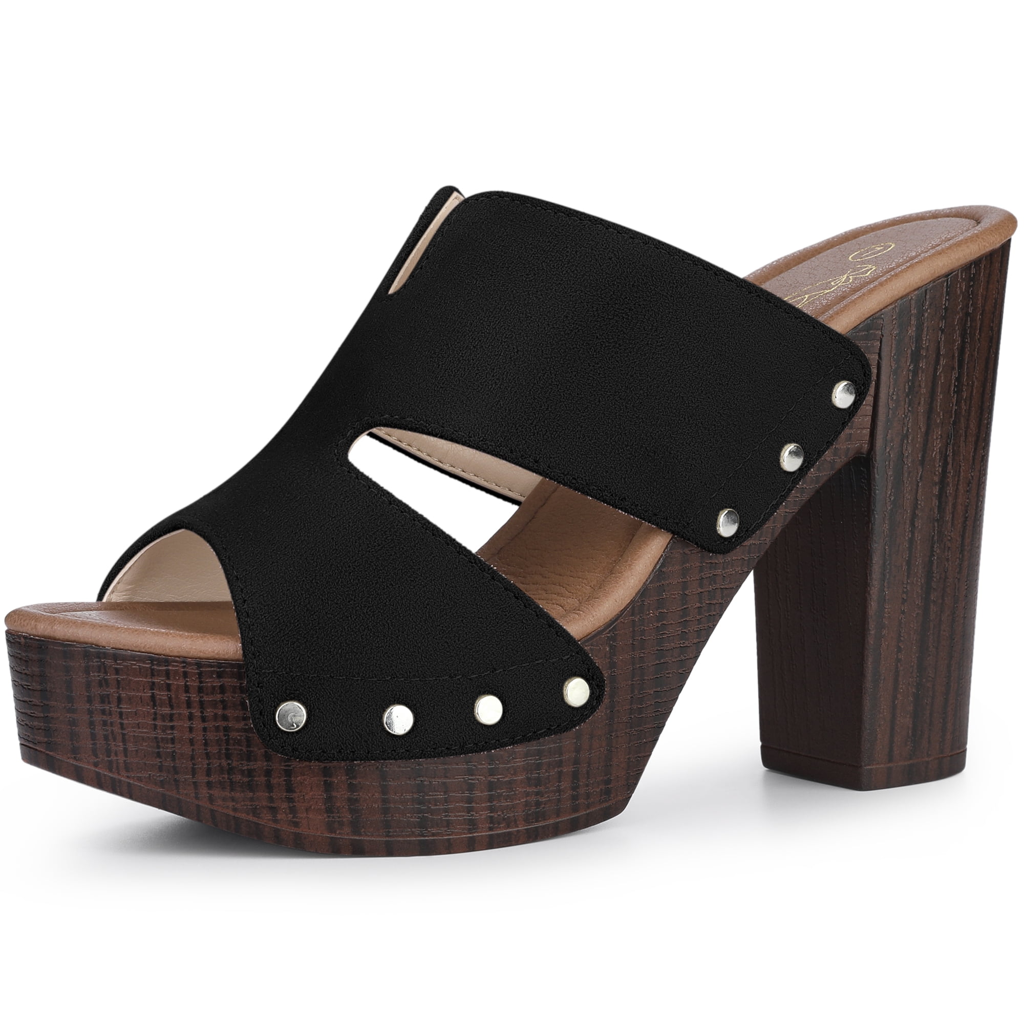 DARING DIVA Women's Block High Heels Slides SandalsBlack 7