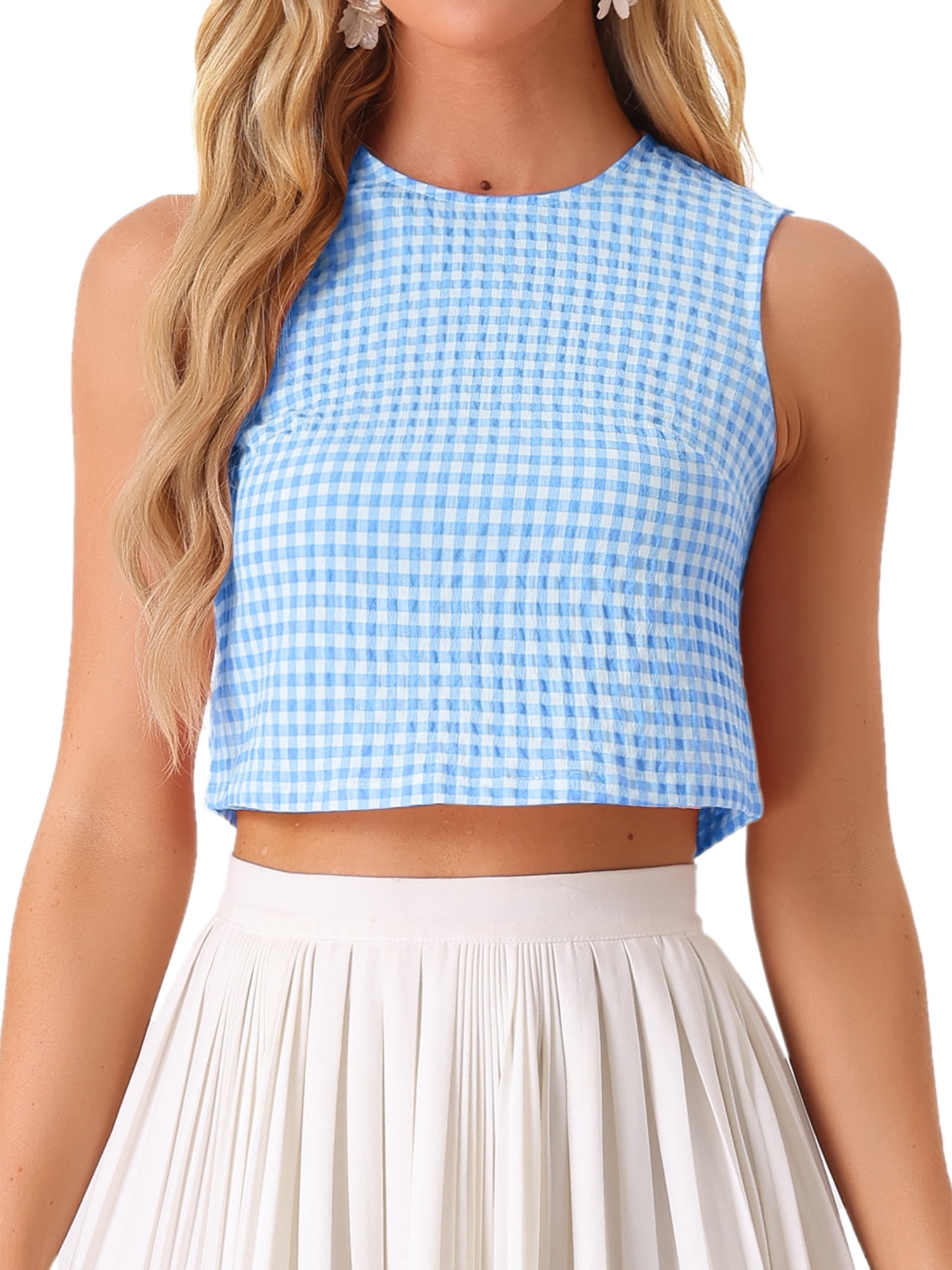 Unique Bargains Women's Blouse Sleeveless Vintage Summer Ginham Tops XS Red L Blue