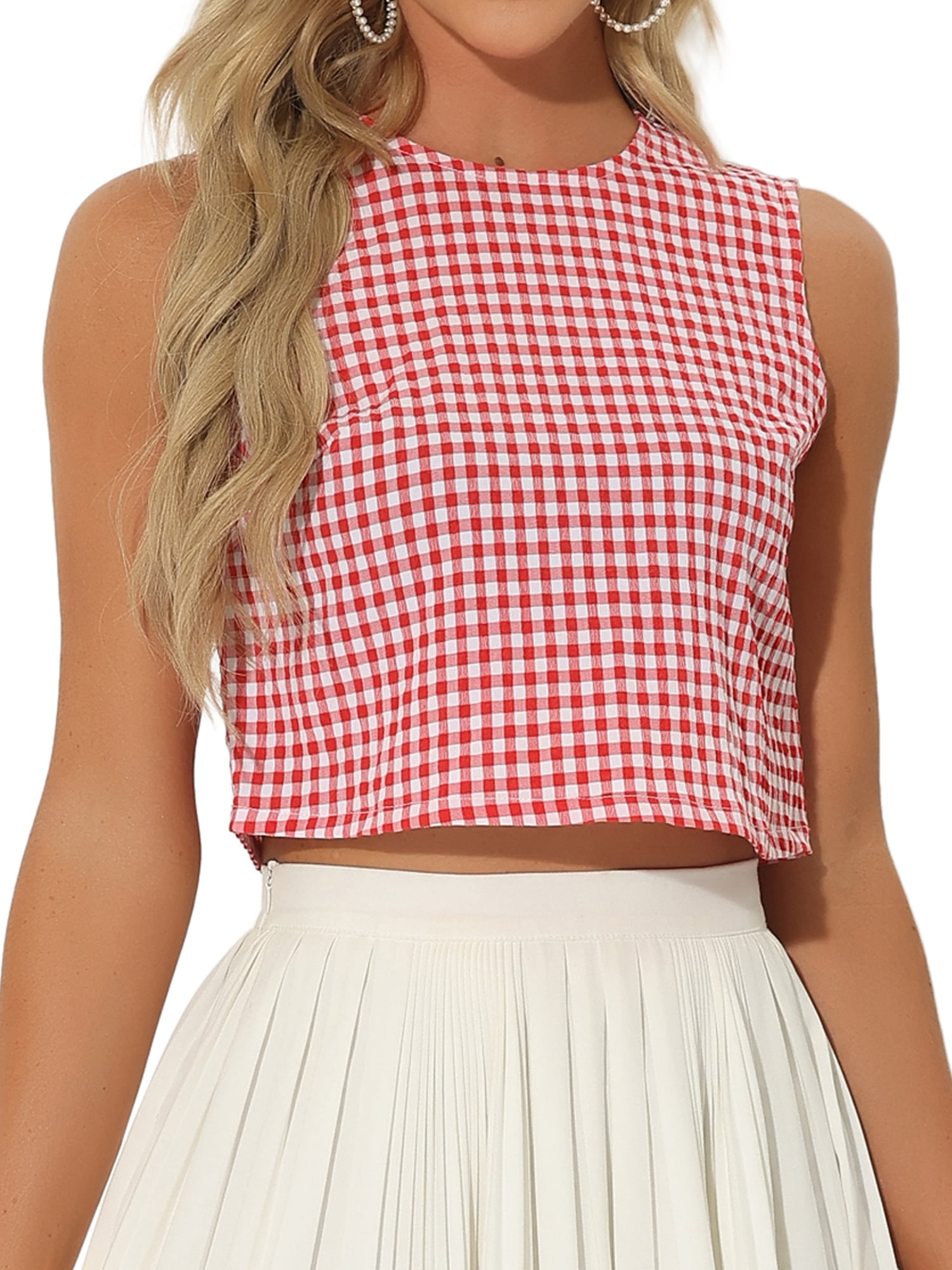 Unique Bargains Women's Blouse Sleeveless Vintage Summer Ginham Tops XS Red XL Red