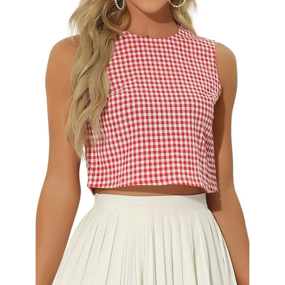 Unique Bargains Women's Blouse Sleeveless Vintage Summer Ginham Tops XS Red XS Red