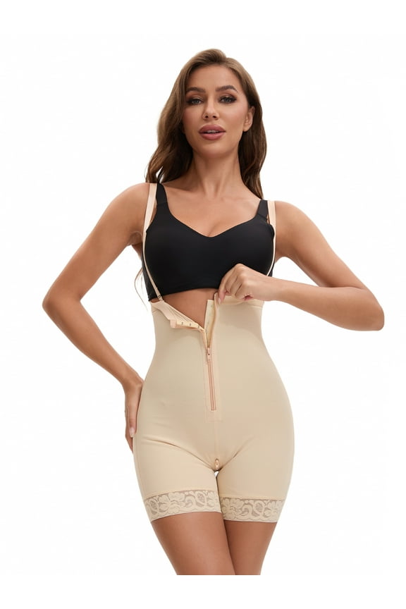 Women's Body Shaper with Hook-and-Zip Closure Tummy Control L Beige