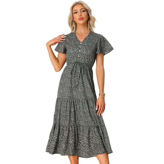 Unique Bargains Women's Boho Dress Casual Short Sleeve V Neck Tiered Floral Midi Dresses L Black