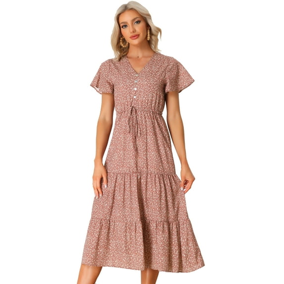 Unique Bargains Women's Boho Dress Casual Short Sleeve V Neck Tiered Floral Midi Dresses S Red