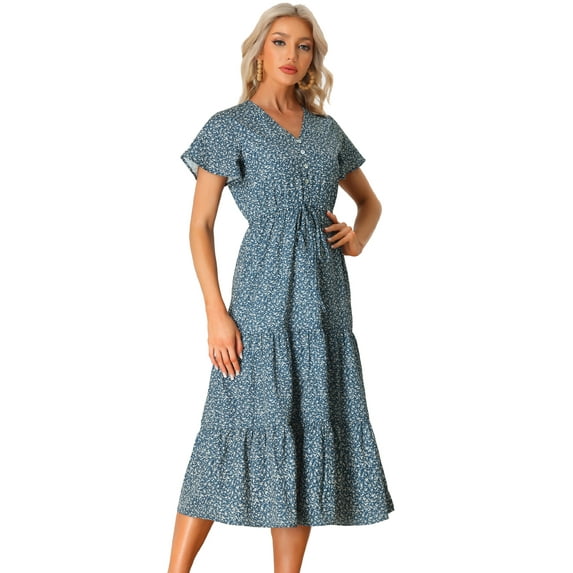 Unique Bargains Women's Boho Dress Casual Short Sleeve V Neck Tiered Floral Midi Dresses XS Dark Blue